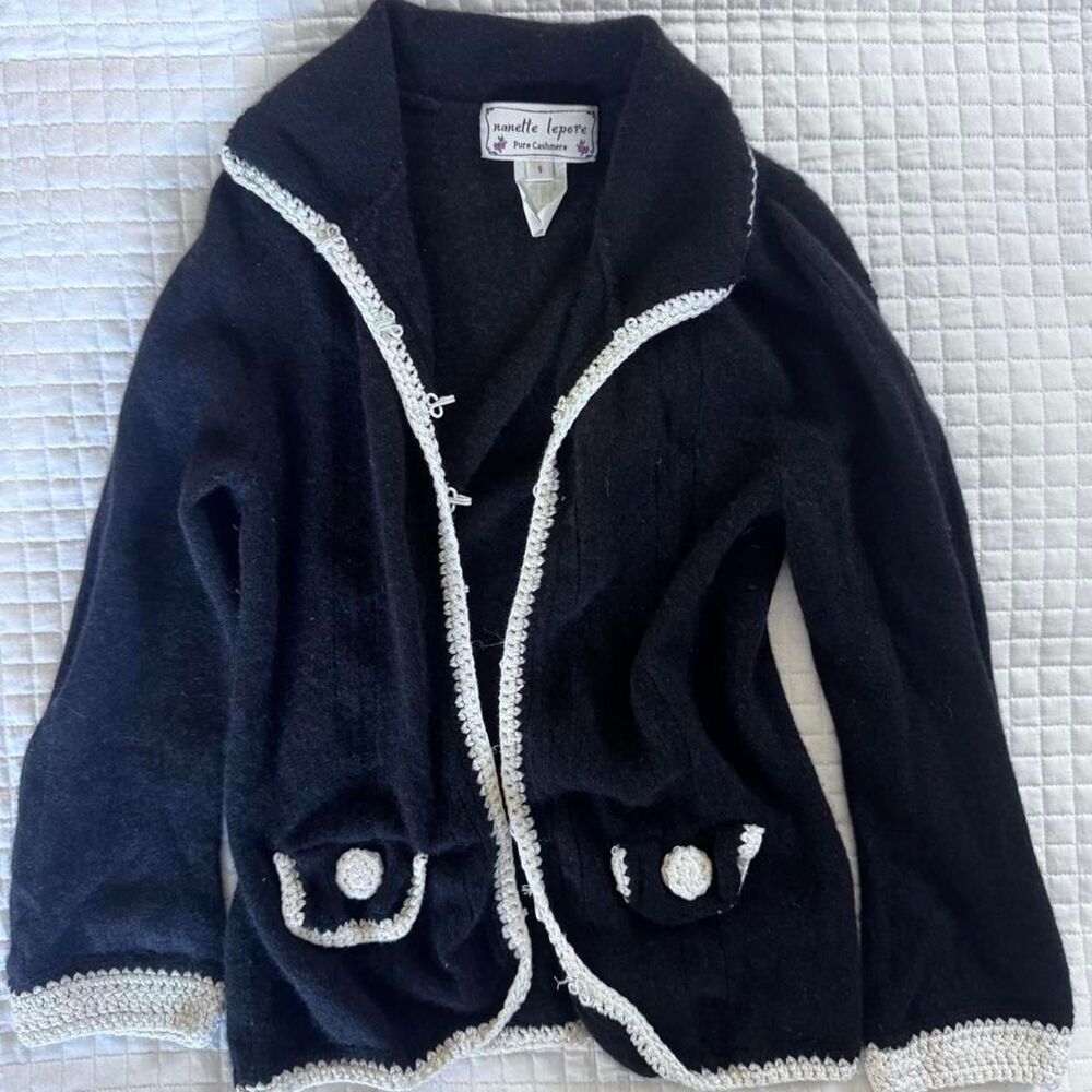 Vintage Nanette Lepore 100% Cashmere Cardigan Jacket S Black Cream Coquette